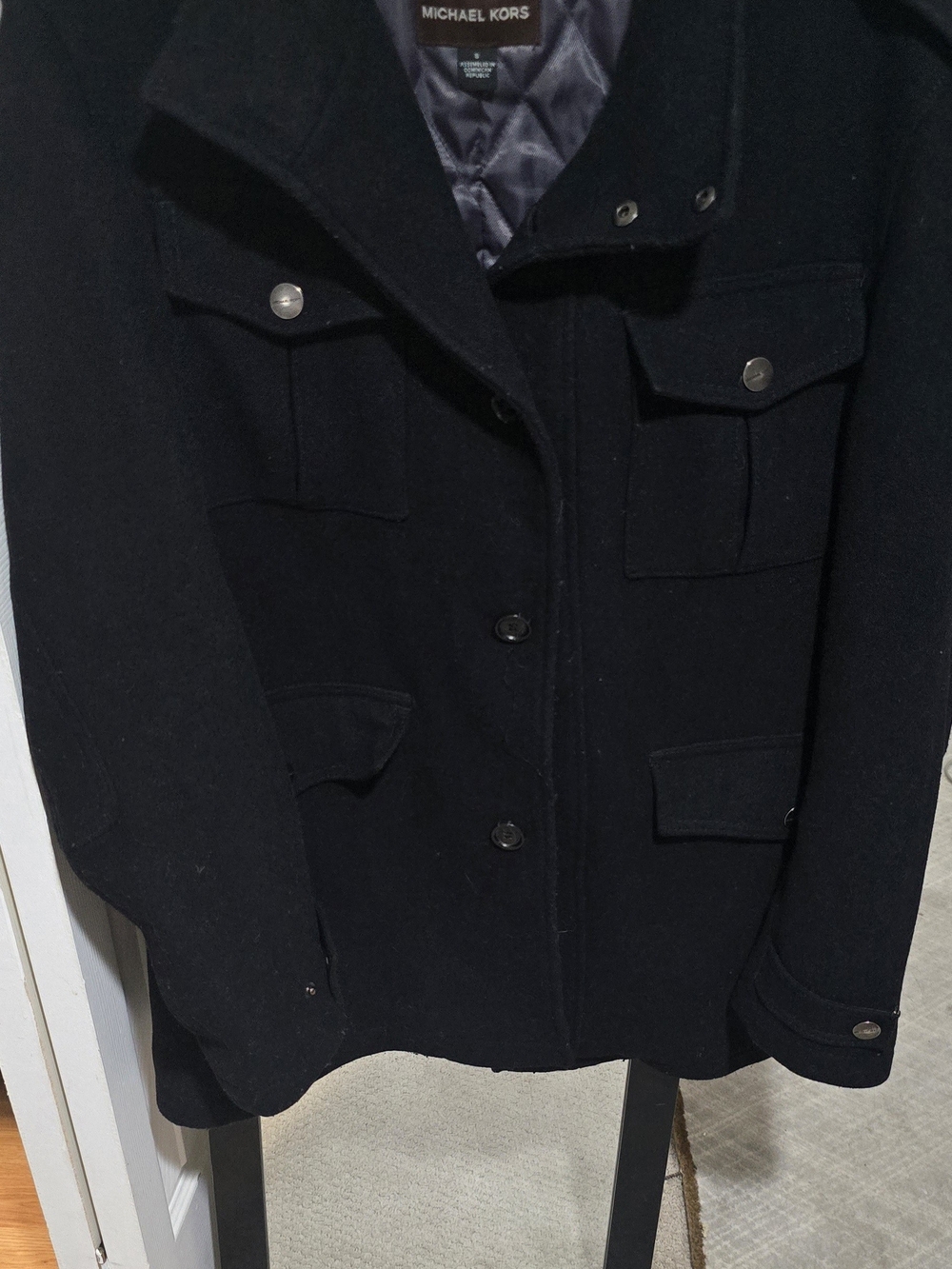 Michael Kors Black Wool Blend Pea Coat with Snap Pockets